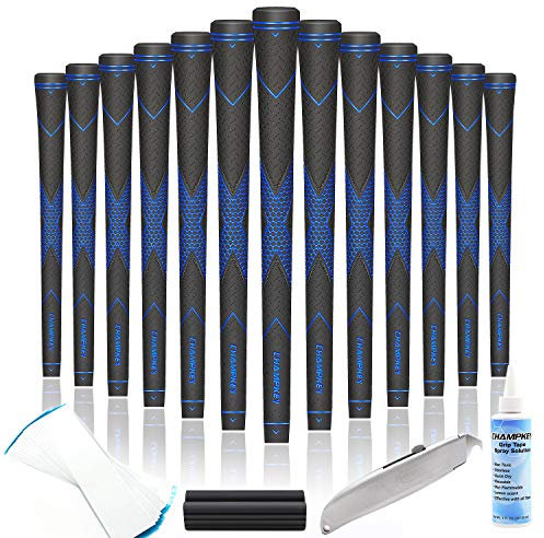 CHAMPKEY Premium Rubber Golf Grips 13 Pack | High Traction and Feedback Rubber Golf Club Grips - All Repair Kits (Black&Blue, Midsize)