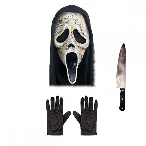 Adult Unisex Official Scream/Ghost Face® Aged Mask with Hood + Black Gloves + Bloody Butcher Knife : Halloween Fancy Dress Accessory Set