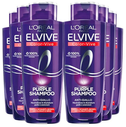 L'Oréal Paris Elvive Color Vive Purple Shampoo Anti Giallo per Capelli Grigi e Biondi Decolorati Neutralizza Sfumature Gialle e Arancioni - 6 Flaconi da 200ml