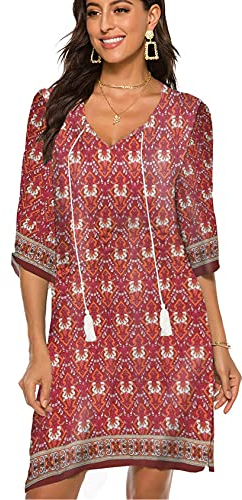 BDTECAOR Bohemian Blumen Rotes Kleid Ethnic Style Tunika Boho Kleider Sommer Kurz Kleid mit Krawatte Litschi Rot M