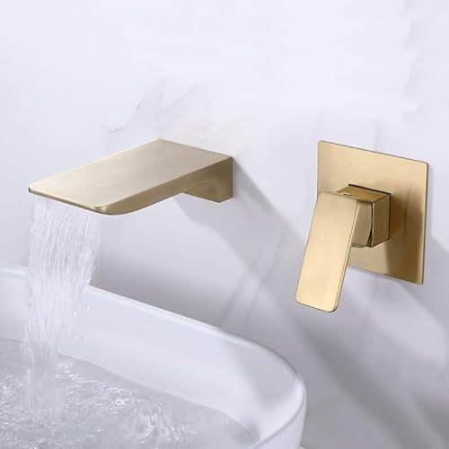 ZYCDP Rubinetto a Cascata per Lavabo Bagno Rubinetto Monocomando Miscelatore Lavabo a Muro In Ottone Miscelata Calda E Fredda, Oro Spazzolato