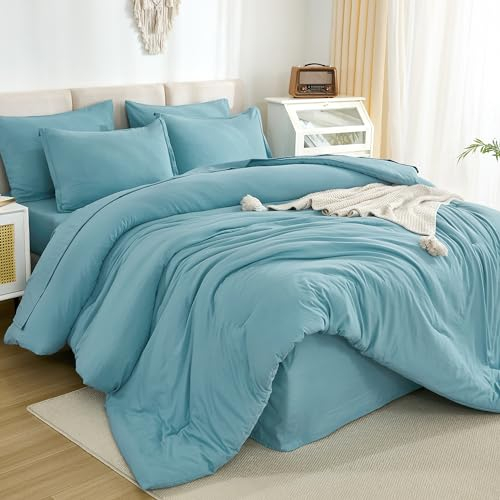 Litanika Bettwäsche-Set für King-Size-Betten, 7-teilig, in einer Tasche, King-Size-Bettdecken-Set, solide, leichte Bettwäsche mit Bettdecke, Laken, Kissenbezügen und Kissenbezügen