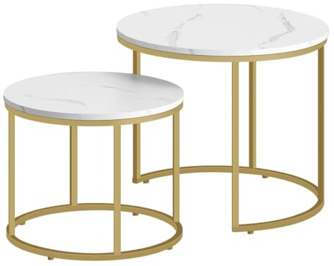 NMK HOME Couchtisch 53/43 cm, 2er Set rund in Marmoroptik, goldfarbenes Metallgestell, Industrial Design, platzsparend ineinander stellbar, für Wohnzimmer und Lounge-Bereich