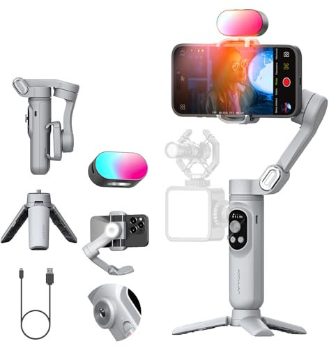 AOCHUAN Stabilizzatore cardanico a 3 assi per smartphone con filettatura 1/4 Stabilizzatore pieghevole per registrazione, luce di riempimento integrata, giunto cardanico per smartphone con luce RGB