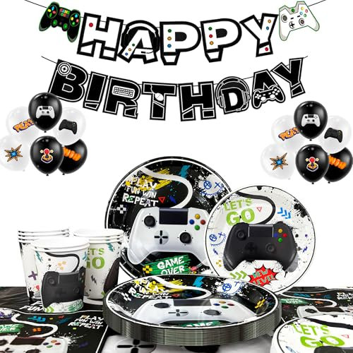 Vidéo Fête Décorations Fournitures,78pcs Video Party Décoration&Vaisselle Set- Nappe de Jeu Vidéo Assiettes Gobelet Serviette&Bannières Thème du Jeu Vidéo Ballons etc Fournitures de Fête de Jeu Vidéo