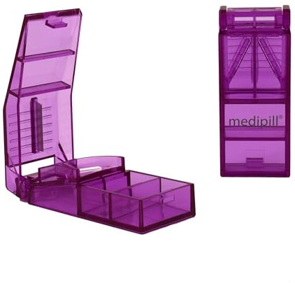 MEDIPILL - Coupe Comprimé | Coupe Précise des Petits et Gros Médicaments | 2 Compartiments de Rangement | Plastique Sans BPA | Une Pièce | Violet | MED-CP-V