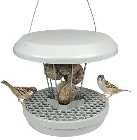 SWISSINNO Vogelfutterhaus zum Aufhängen – Lucerne SMART Birds - Meisenknödelhalter mit Auffangschale - Futterstation Rattensicher - Vogelfutterspender für 7 Meisenknödel - Hellgrau
