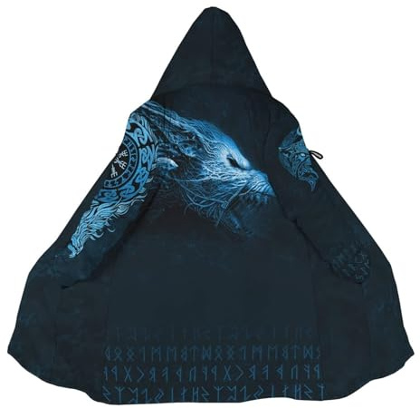 Nordische Wolf Tattoo Warm Verdickt Herren Kapuzenumhang, 3D Druck Winterjacke, Mode Lässige Sherpa Futter Parka, Mittelalter Hornschnalle kaschmir Mantel Bademantel, Ein Muss für Viking-Fans(Fenrir B
