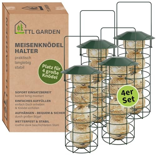 TTL Garden 4er Set 31cm Meisenknödelhalter mit Dach - Meisenknödel Halter für Wildvögel rund Ø 8 cm Stahl rostfrei grün pulverbeschichtet Futterstelle Vogelfutterspender für Garten Balkon Terrasse