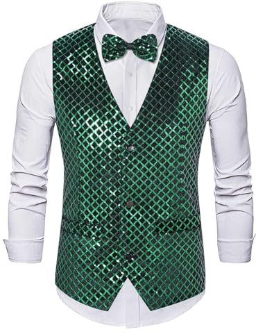 SRZYMJ Glitzer Weste Herren， Anzugweste Herren Anzug Weste Steampunk Gothic Weste V-neck Klassisch Gilet Britische Vintage Weste Weste Weihnachten Festlich Softshellwesten Anzug Herren Grün S