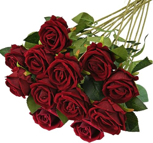 RXKFIGX 12 Pezzi Rose Fiori Artificiali Bouquet di Fiori di Seta Artificiale Rose Vino Rosso Finte in Seta Artificiale per Matrimoni Home Office Cucina Ufficio Giardino(Vino Rosso)