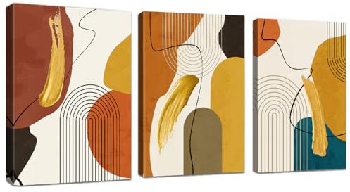 WENGTIAO 3 Stück Boho Abstrakte Leinwand Bilder Kunstdrucke mit Rahmen Braun Gelb Orange Minimalistische Nordische Geometrische Wandbilder auf Leinwand Wohnzimmer Schlafzimmer Wanddeko 40x60 cmx3