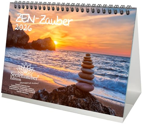 ZEN - Zauber DIN A5 Tischkalender für 2026 Feng Shui Meditation Yoga - Set-Inhalt: 1x Kalender 1x Weihnachtsanhänger 1x Grußanhänger (gesamt 3 Teile)
