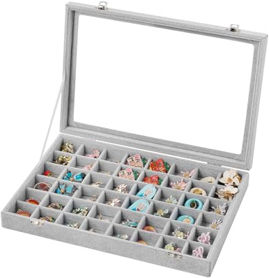 Frebeauty 48 nät smyckebricka, justerbar örhängeshållare med glaslock, sammetsfack smyckesorganiserare för ringar, stiftörhängen, 35 x 24 x 5 cm smyckesdisplaylåda, present till kvinnor (grå)