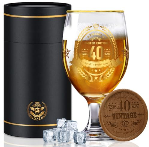 Fabuloustrim 40th Birthday Gifts for Men,Vintage Beer Glass with Wooden Coaster – Aged to Perfection 40th Beer Glass,Gift for Dad,Husband,Friend – Christmas,Father’s Day,Retirement Present