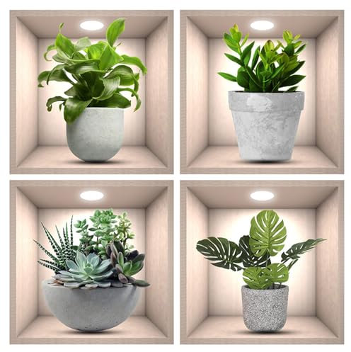 4Pcs Plant Wall Stickers Self Adhesive, Realistic 3D Green Potted Plant Wall Sticker Removable for Living Room Home Office Decor (11.81 x 11.81 in)