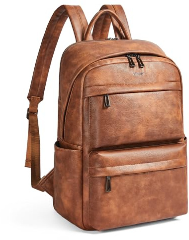 tiamyi Veganer Lederrucksack für Damen und Herren, geeignet für 16,0 Zoll Laptop, mit vielen Fächern, Flaschenhalter und Koffergurt, Ideal für Arbeit, Reise und Alltag, Braun Laptop Rucksack