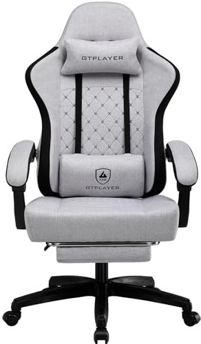 Fabric Gaming Chair with Footrest, Ergonomic Computer Desk Chair with Pocket Spring Cushion Home Office High Back Support Lumbar Support Heavy Duty Wide (FROST GRAY)