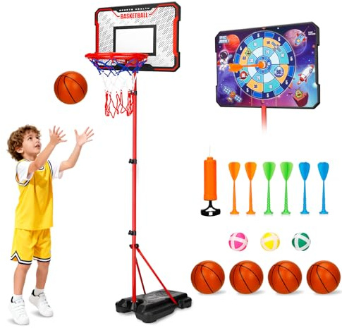 TOSUTO Panier Basket Enfant,2 en 1Jeux Enfant-Basket et Fléchettes,Réglable en Hauteur 103-189cm,Panier Basket Interieur Exterieur,Facile à Assembler,Base de Lestage,Cadeaux pour Enfants 3-8 Ans
