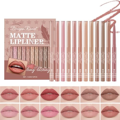 Baorder Set di 12 matite per contorno labbra cremose e opache, rossetto waterproof a lunga tenuta, rosa tenue, matita riempitiva per labbra, kit trucco gel per labbra perfette per donne