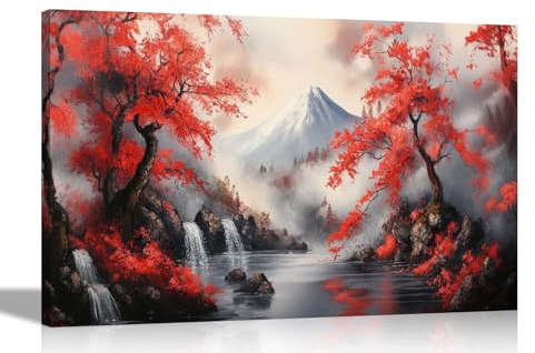 Artley Prints - Japanese Style Autumn Mountain Landscape Canvas Wall Art Pictures for Living Room Conservatory Hallway Décor 76 x 50cm (30 x 20 inches)