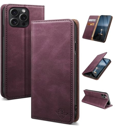 SUANDUCK for iPhone 16 Pro 6.3 mobile phone case magnetic leather flip case with RFID-blocking card compartment, adjustable stand and 360° drop protection with Apple 16 Pro Wine Red