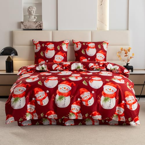 FEBE Bettwäsche Bemalter Schneemann Bettbezug-Set 135x200 + Kissenbezug 2 Teilig mit Reißveschluss