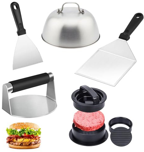 Burger Smasher Set, Kit de Presse à Hamburger, Smash Lot de 5 Hamburgers en Acier Inoxydable, avec Presse à Hamburger, 2 Spatules, et Cloche, pour Gril à Gaz, Plaque à Feu, Teppanyaki