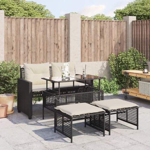 Teenpull 4-TLG. Garten-Sofagarnitur, Schwarz Poly Rattan mit Glasplatte, Verstellbarer Tisch, UV-beständig, Inklusive Cremeweißer Kissen, Robuste Outdoor Lounge Möbel für Terrasse & Balkon