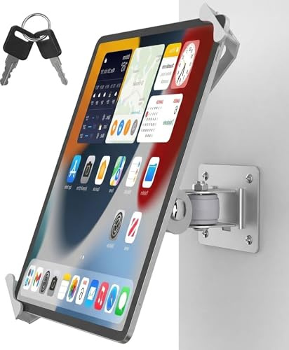 Anti-Theft Tablet Wall Mount with Key Lock, Full Motion Locking iPad Holder | for POS Kiosk, Retail Check-In Counter, 360° Rotation Swivel Tilt Tablet Stand Fits 7-14 iPad Pro Air Galaxy Tab in Silver