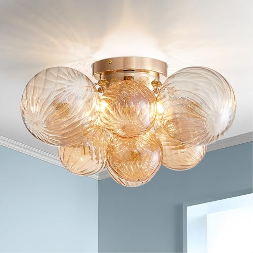 SHRINE Lighting Champagner Bubble Glas Deckenleuchte, Einbau-Deckenleuchte für Wohnzimmer, D46 x H23 cm, 4x G9 Fassungen, Kugelglas-Schirm & Champagner-Finish-Rahmen