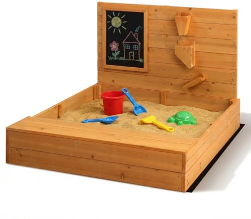 LEADZM Holz Sandkasten für Kinder mit Sitzbank, Tafel und Trichter, 120 x 115 x 76,5 cm, Großes Outdoor-Sandkasten für Garten, Strand und Park, für Kinder im Alter von 3 bis 12 Jahren