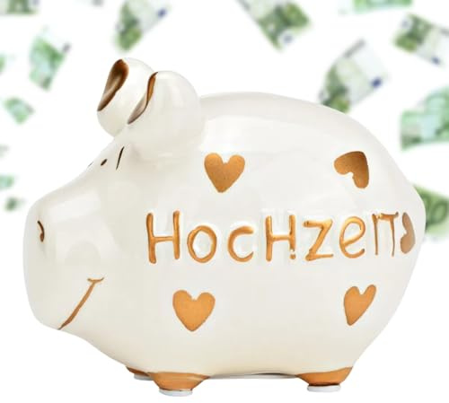 Hochzeit Sparschwein weiß, Gold - 12,5 cm Erwachsenen Keramik Spardose