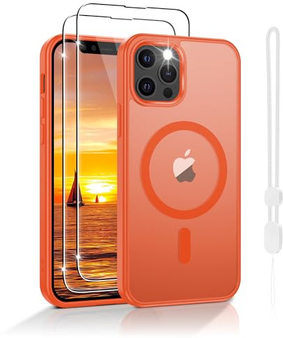Jshru Magnetic for iPhone 12/12 Pro Case,Compatible with Magsafe,with Lanyard and HD Screen Protectors,[Durable & Sturdy] Slim Translucent Protective Cover,iPhone 12-Orange