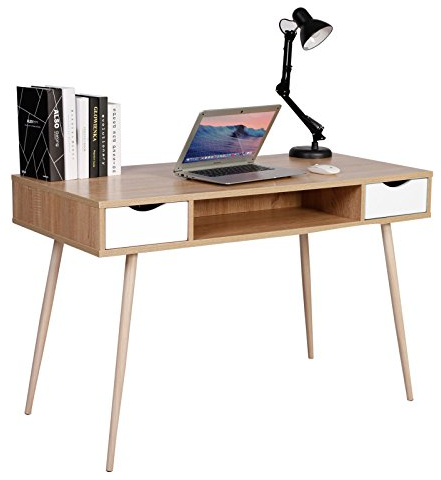 WOLTU Schreibtisch mit 2 Schubladen + Ablagefach - Weiß 120x58x75cm Computertisch Eichenoptik für Wohnzimmer - Stahlgestell