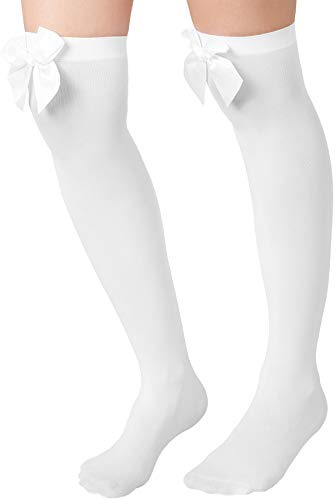 dressforfun 303448 Damen Overknee Strümpfe mit weißer Schleife, Lange hohe Überknie Halterlose, Polyester & Elastan, weiß