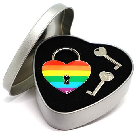 Liebesschloss Herzschloss Regenbogenfarben – Geschenkset mit 2 Schlüsseln in edler Blechdose, ungraviert – Perfekt für Paare, Hochzeit & Valentinstag