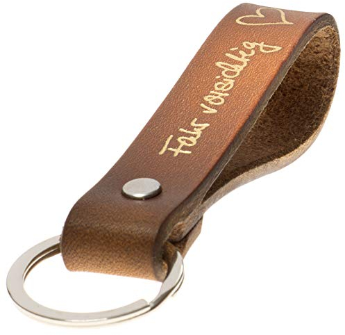 ELBERCRAFT® Schlüsselanhänger Leder Fahr vorsichtig Geschenk für Frauen oder Männer pflanzlich gegerbt braun mit gravur gold 12 cm made in Germany Leather Keychain