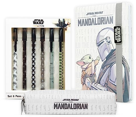 Disney The Mandalorian Schreibwaren-Set, Star Wars-Thema Stift-Set, mit 6x schwarzen Kugelschreibern, 1x Mäppchen und 1x A5 Notizbuch, ideal Kleine Geschenke für Kinder