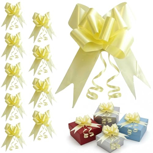 60pcs Light Yellow 50mm/5cm Large Ribbon Pull Bows for Party Wall, Gift Wraps, Christmas Trees, Wedding, Birthday Hampers Decoration Florist Pullbows