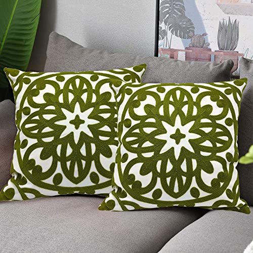 FQQF Alysheer Embroidered Decorative Throw Pillow Covers 18x18 Set of 2 Pieces, Chic Boho Mandala Knit Pattern, Durable 100% Cotton Canvas Cushion Cases for Sofa Couch Living Room(Olive Green)