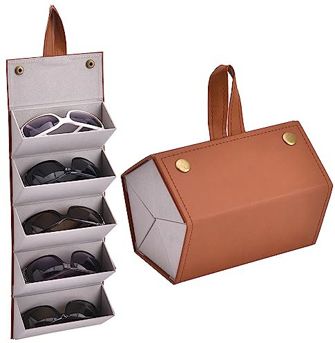TJC Portable Sunglasses Travel Organizer 5 Slots Foldable Sunglasses Storage Case Eyeglasses Holder Box Multipurpose Compact Design Faux Leather Size 17x13x12 cm Brown