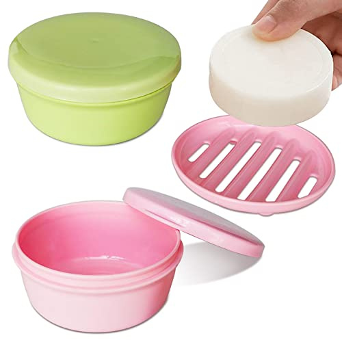 2 Pack Portable Round Soap Dishes, Plastic Soap Container with Lid Leak-Proof Drain Soap Box Holder Soap Container for Home Traveling Outdoor Hiking Camping Gym (Green + Pink)