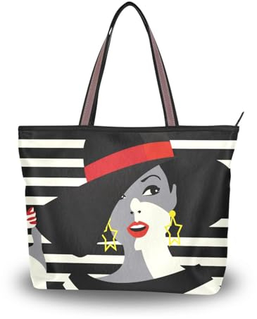 ALAZA Große Tragetasche, Damen-Umhängetasche, große Kapazität, lässige Handtaschen, modische Illustration, Mädchen, Pop-Art-Shopping-Tragetasche mit Taschen, Reißverschluss, L, Pop 040, Large