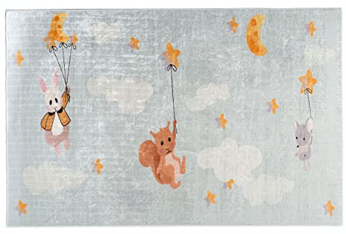 Mynes Home Waschbarer Teppich Kinderzimmer Bunt Gelb Grau für Mädchen Jungs/Wolken Sterne Tiere Hase Muster/Kinder Teppiche Waschbar in der Waschmaschine/Rutschfester Rücken/Größe: 120x170 cm