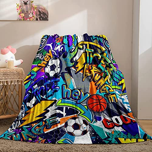 KINITA Hip Hop Kuscheldecke Flauschige 150x200, 3D Graffiti-Fußball Decke, Mikrofaser Sanft Flanell Weich Decke Fleecedecke Sofaüberwurf Tagesdecke kinderdecke für Bett/Sofa