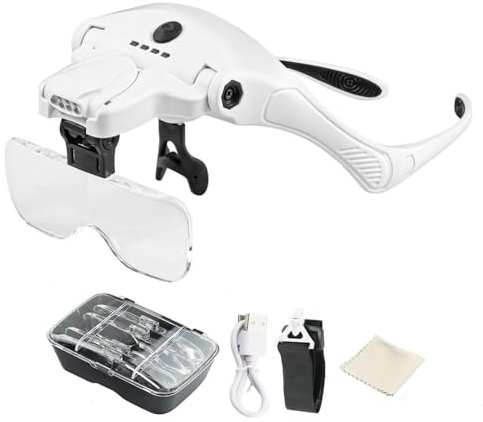 Geevorks Lupa con Diadema iluminada por LED 5 Lentes Desmontables 1.0X-3.5X Lupa Intercambiable Gafas Lupa 2 Niveles Herramienta de Aumento de Brillo para PCB Reloj Joyas Trabajo de Cerca