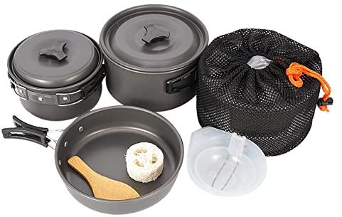 Juego de cacerolas de camping | Sartén antiadherente para 3 a 4 personas, sartén ligera con tres tipos de ollas, 3 cuencos, 1 cuchara de arroz, 1 cuchara de sopa para