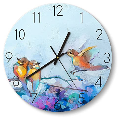 DEQORI Glasuhr | rund Ø 30 cm | Motiv Vier Vögel auf Ast | ausgefallene leise Design Uhr aus Glas | Wanduhr für Wohnzimmer & Küche | moderne Hingucker Uhr für die Wand