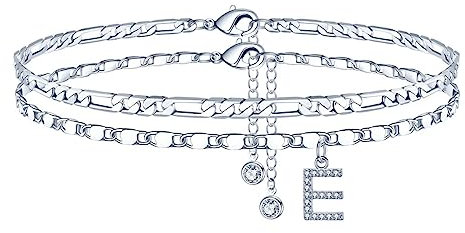 TINGN Fußkettchen für Damen, Silber Fusskettenfür Frauen Fußkettchen mit CZ Buchstaben E Figarokette Doppelte Fußketten Verstellbar 21+5 Cm Frau Mädchen Tochter Freundin Sommer Geschenk